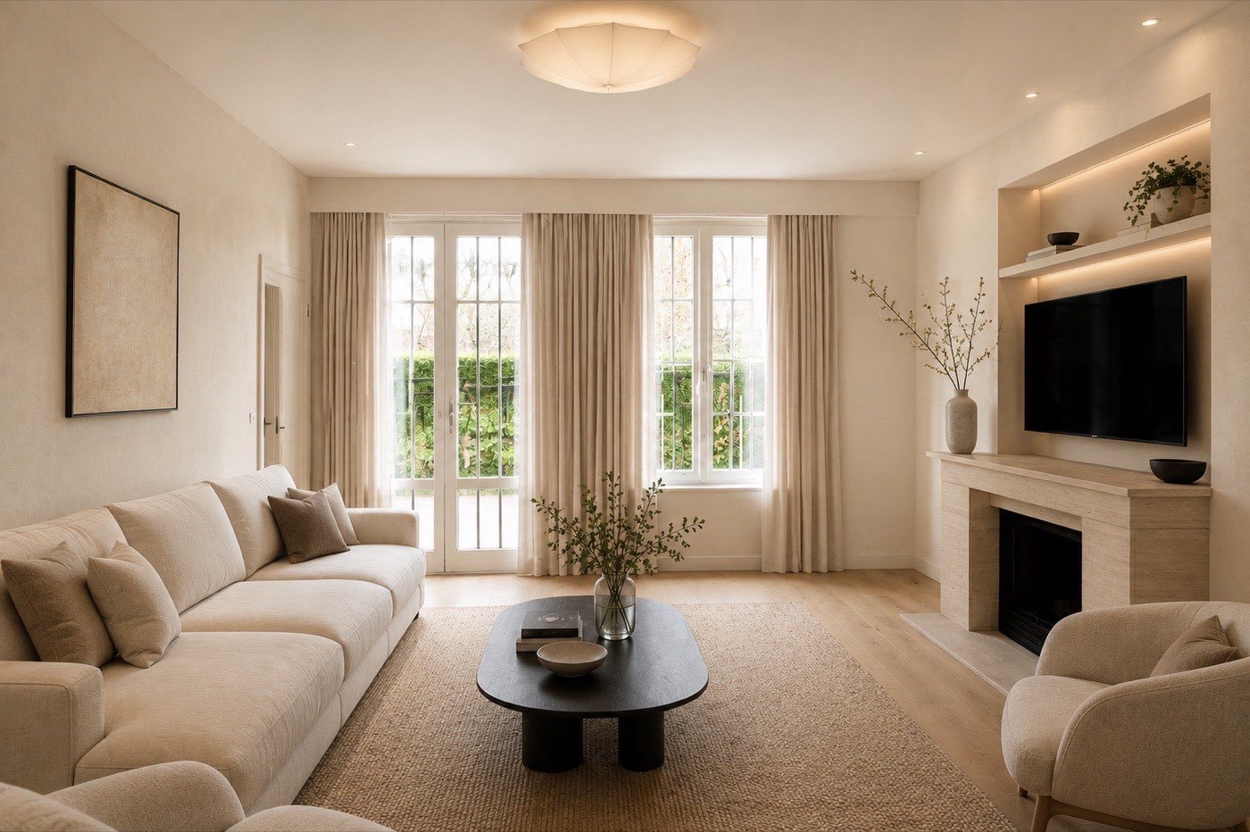 Dezelfde woonkamer na renovatie: lichte, moderne inrichting met open haard