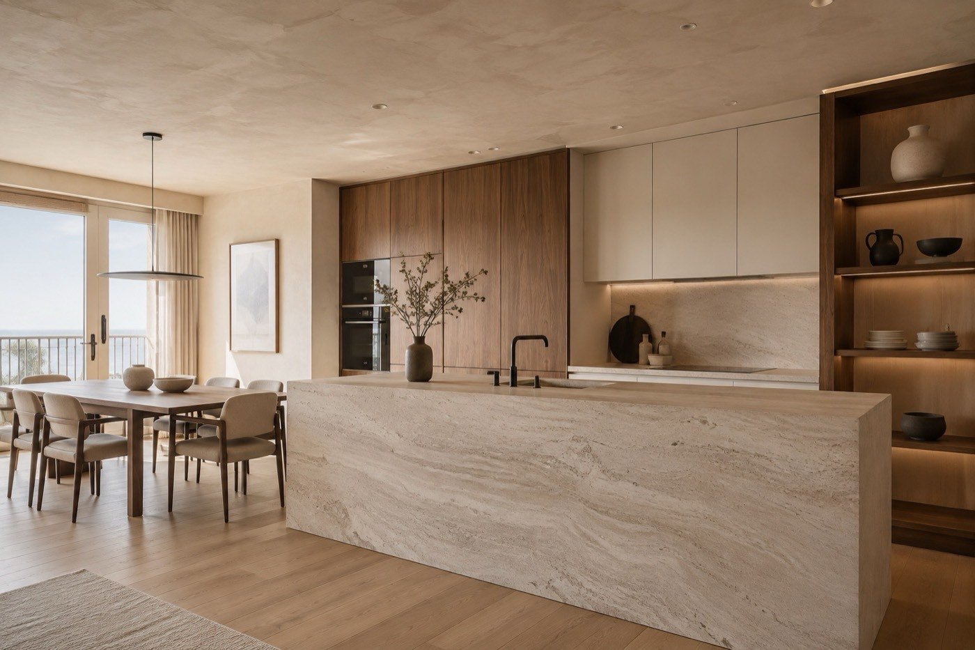 Gerenoveerde keuken met natuursteen eiland en zeezicht in een appartement in Knokke